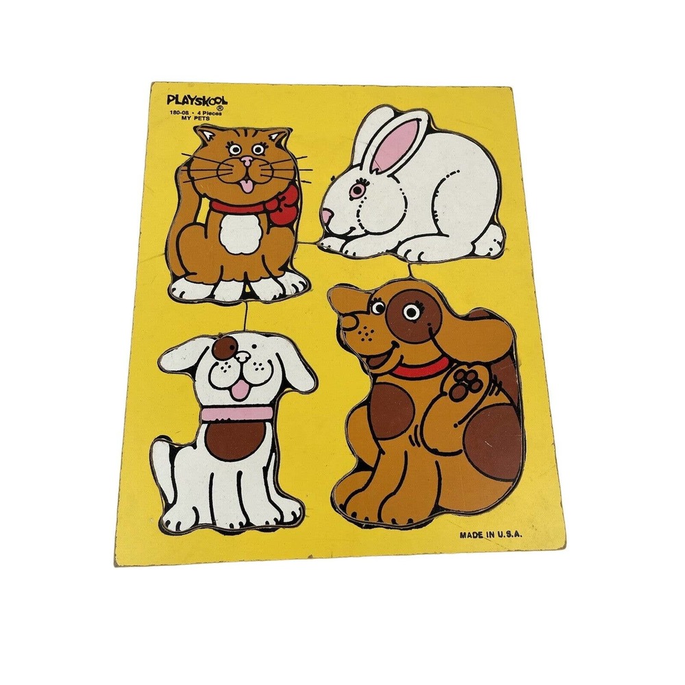 Vintage Playskool 4 Piece Wooden Childrens Puzzle My Pets 180-08